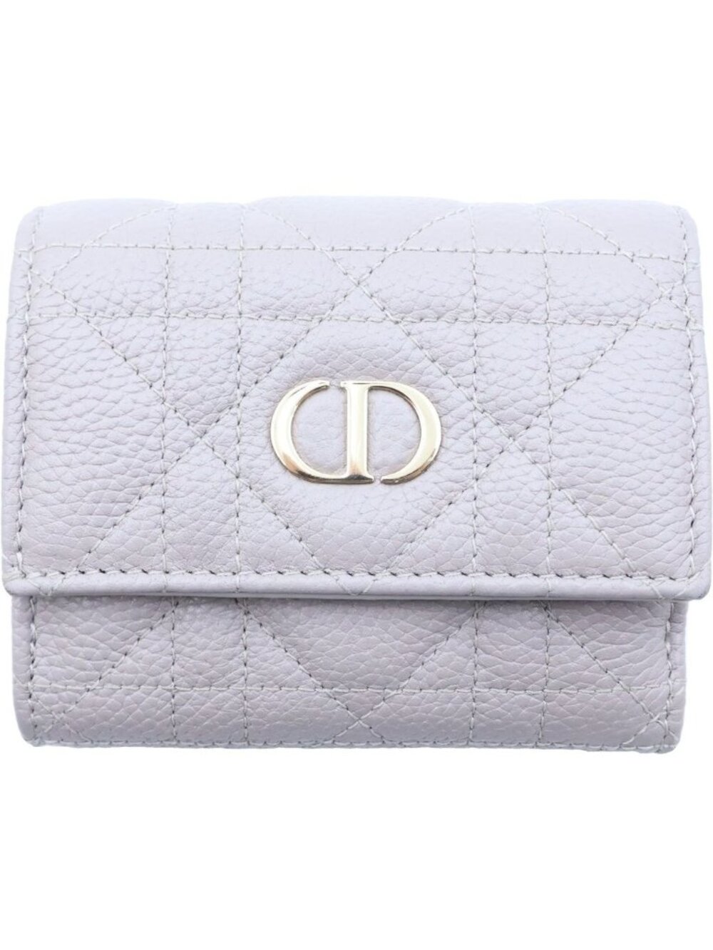 Dior Cannage Trifold Wallet Compact Coin Purse Greige Leather Gold